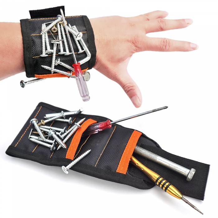 Magnetic Wristband With 15 Super Strong Magnets And 2 Pockets For Holding Tools